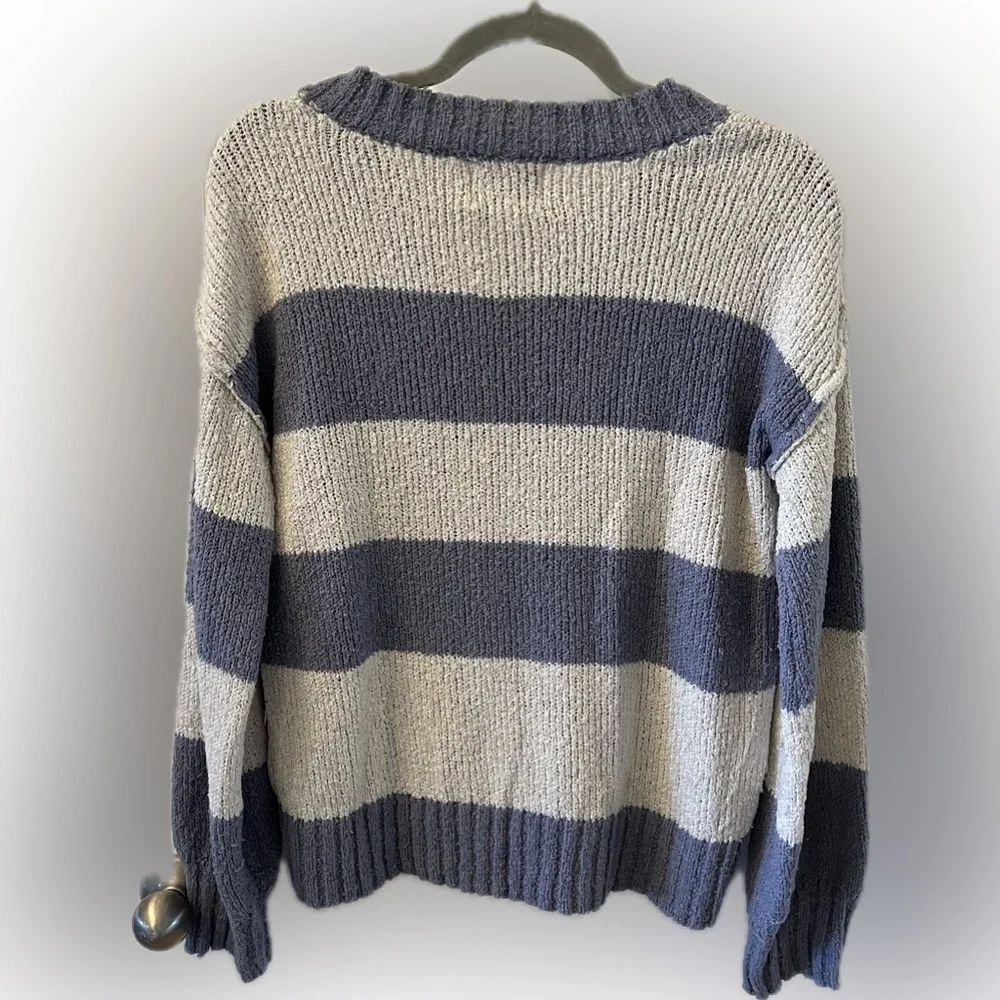 3/$20 SALE! Pink Rose Striped V-Neck Sweater - Blue-Gray and Cream, Size Small